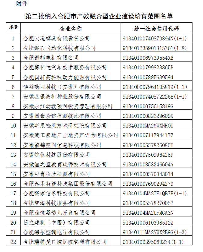 第二批合肥市产教融合型企业名单